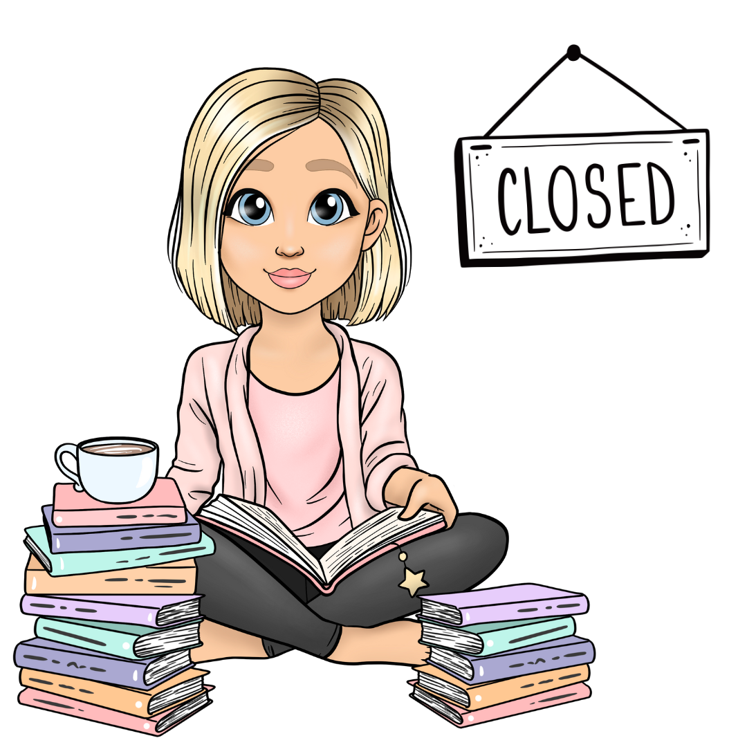 Blonde girl sitting next to a stack of books with a CLOSED sign.