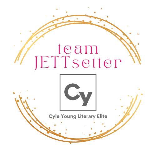 C.Y.L.E. literary agency logo with "Team Jettsetter" in pink letters within a gold circle